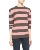 Striped Wales Pullover Sweater, Clover Pink/chocolate