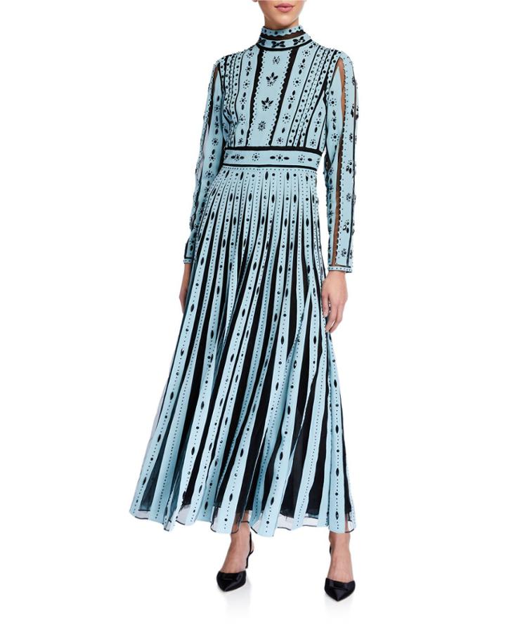 Beaded Mesh Silk Mock-neck Dress