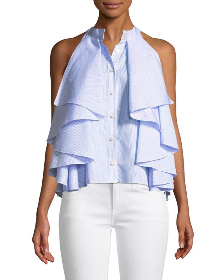 Adrie Sleeveless Button-front Striped Ruffled Blouse