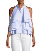 Adrie Sleeveless Button-front Striped Ruffled Blouse