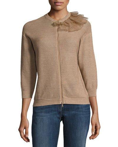 Zip-front Ruffled-trim Cardigan, Beige