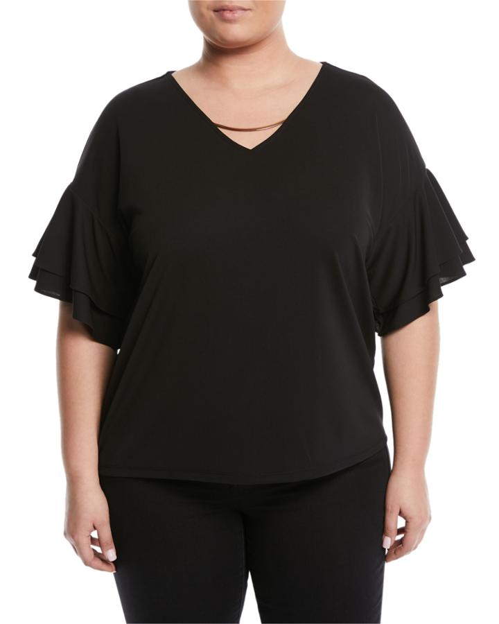 Chain-neck Double-ruffle Sleeve Tee,