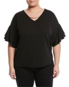 Chain-neck Double-ruffle Sleeve Tee,