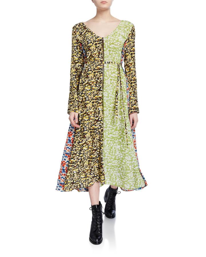 Maca Paneled Floral Long-sleeve Dress