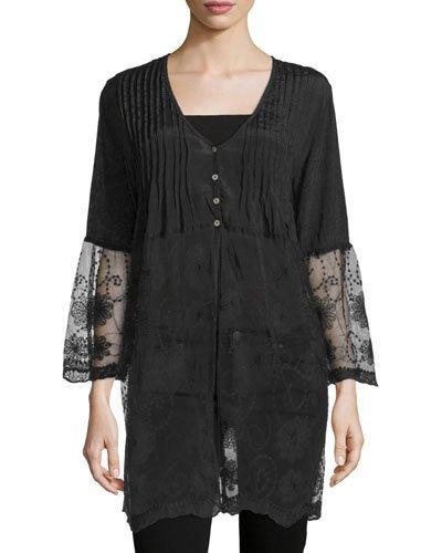 Long Lace-trim Button-front Cardigan, Black