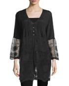 Long Lace-trim Button-front Cardigan, Black