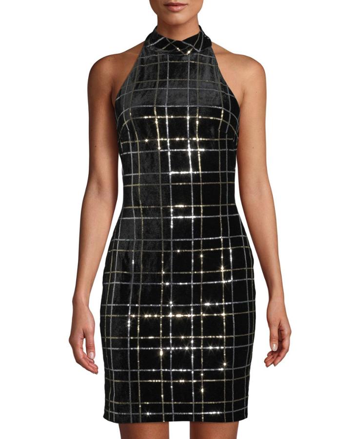Sequin-grid Velvet Halter Dress