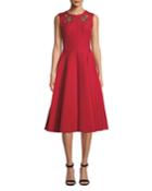 Floral-embroidered Beaded A-line Dress With Pockets