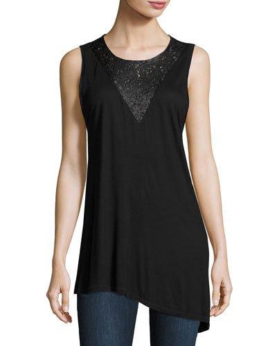 Lace-insert Asymmetric Jersey Tank, Black