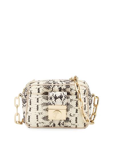 Snake-embossed Leather Crossbody Bag, Nero/sabbia