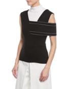 One-shoulder Interlock Jersey Banded Top W/ Contrast Topstitching