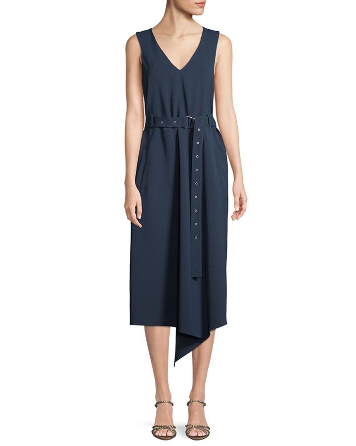 V-neck Sleeveless Belted Drape Twill