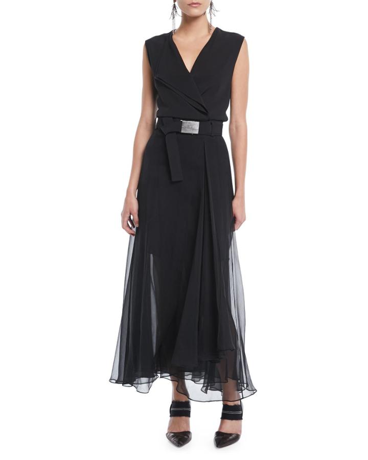 Sleeveless Belted Silk Wrap Cocktail Dress W/ Chiffon Bottom