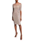 Off-the-shoulder Illusion Elbow-sleeve Lace Sheath Dress W/