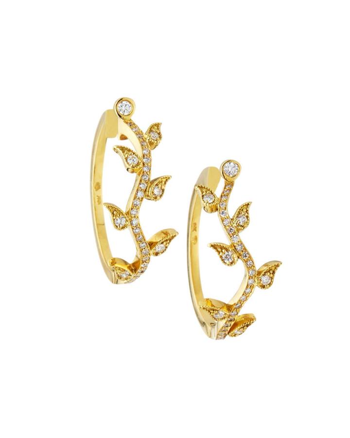 18k Gold Diamond Leaf Hoop Earrings