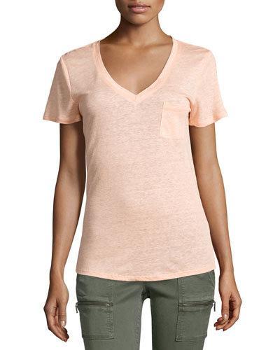 V-neck Linen Tee, Peach