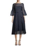 Bell-sleeve Organza Overlay Lace Midi Cocktail Dress