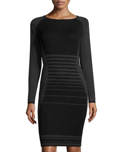 Striped Long-sleeve Sweaterdress, Black/gray