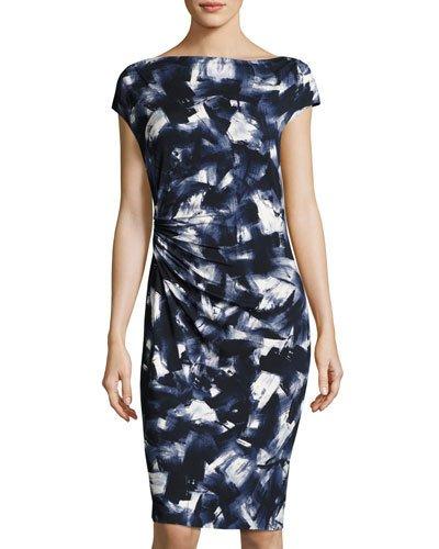 Cowl-neck Printed Midi Dress, Navy