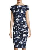 Cowl-neck Printed Midi Dress, Navy