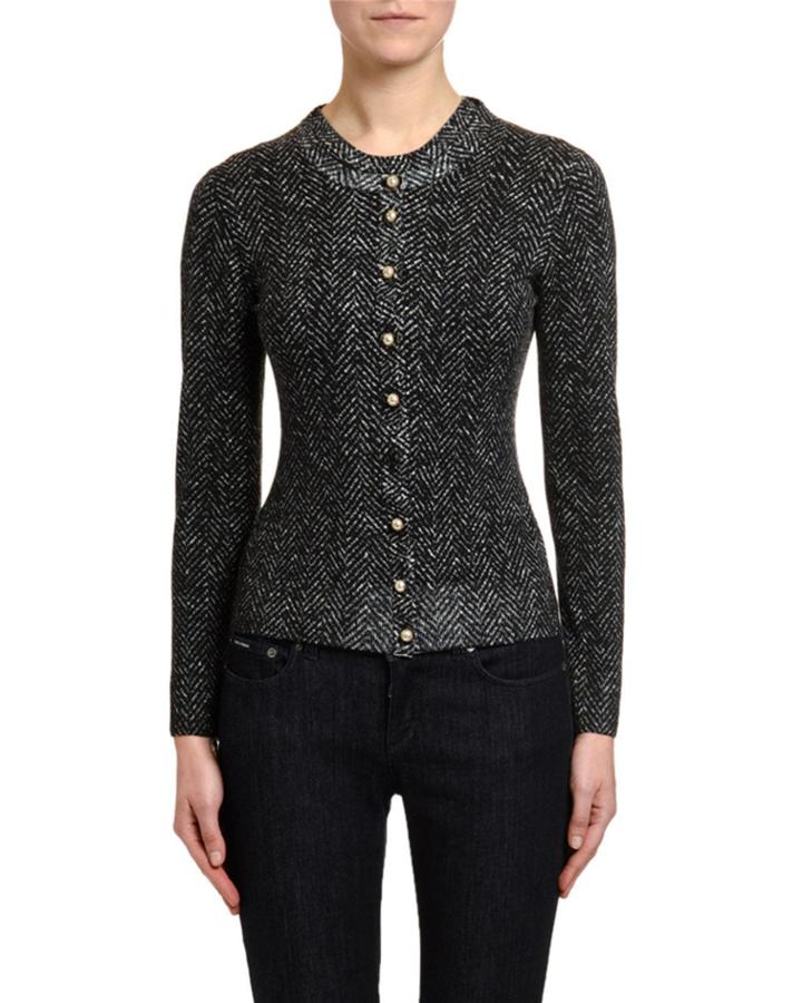 Pearly-button Chevron-knit Wool Cardigan