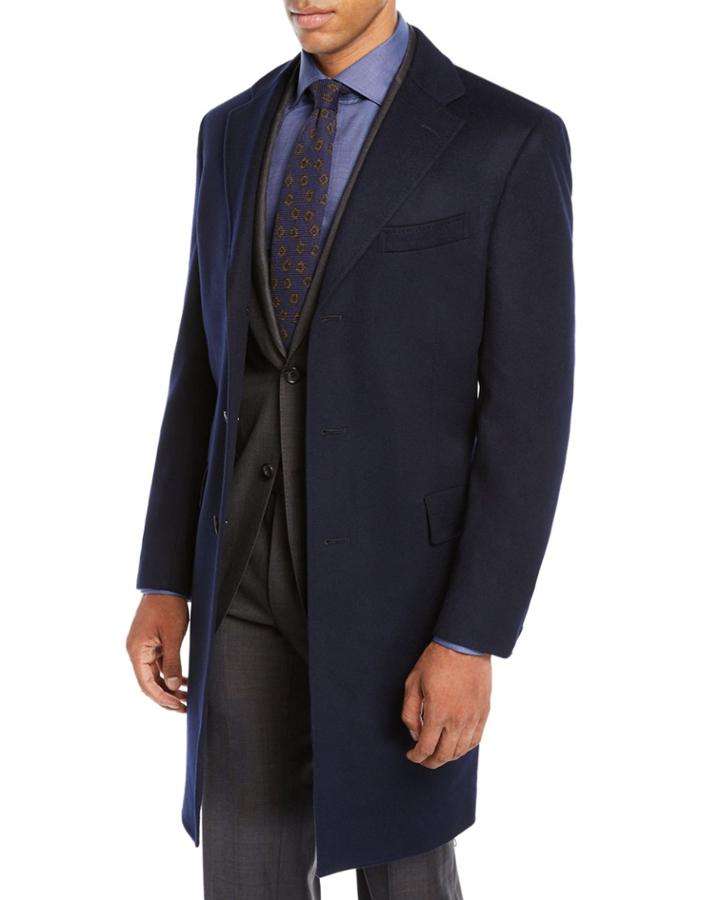 Men's Cashmere Car Coat, Navy Blue