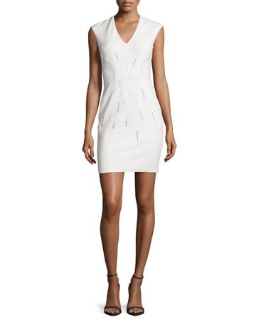 Embroidered Ponte V-neck Sheath Dress, Ivory