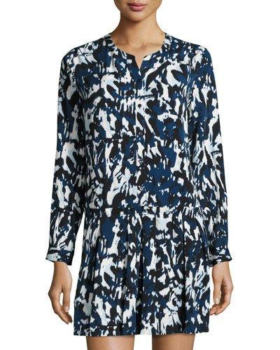 Paint-print Drop-waist Dress, Deep Teal