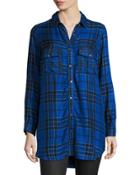 Long Plaid Blouse, Blue/black