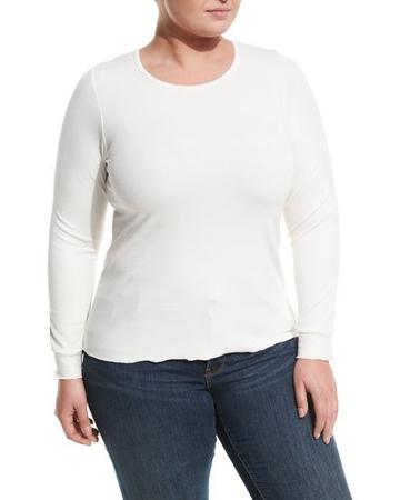 Ribbed Crewneck Long-sleeve Top, Ivory,