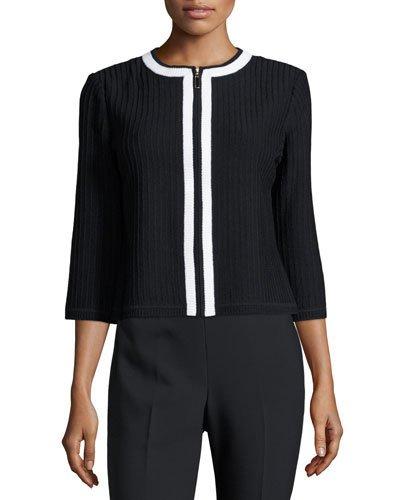 3/4-sleeve Contrast-trim Ribbed Jacket, Black/white