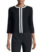 3/4-sleeve Contrast-trim Ribbed Jacket, Black/white