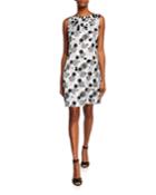 Dot-print Sleeveless Charmeuse Shift Dress W/ Paillette Trim