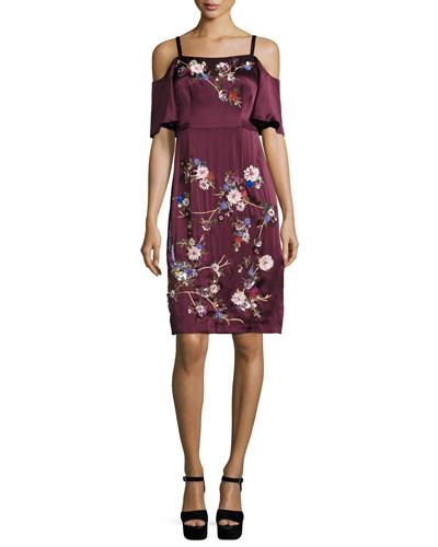 Embroidered Cold-shoulder Silk Satin Dress, Wine/multicolor