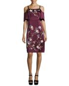 Embroidered Cold-shoulder Silk Satin Dress, Wine/multicolor