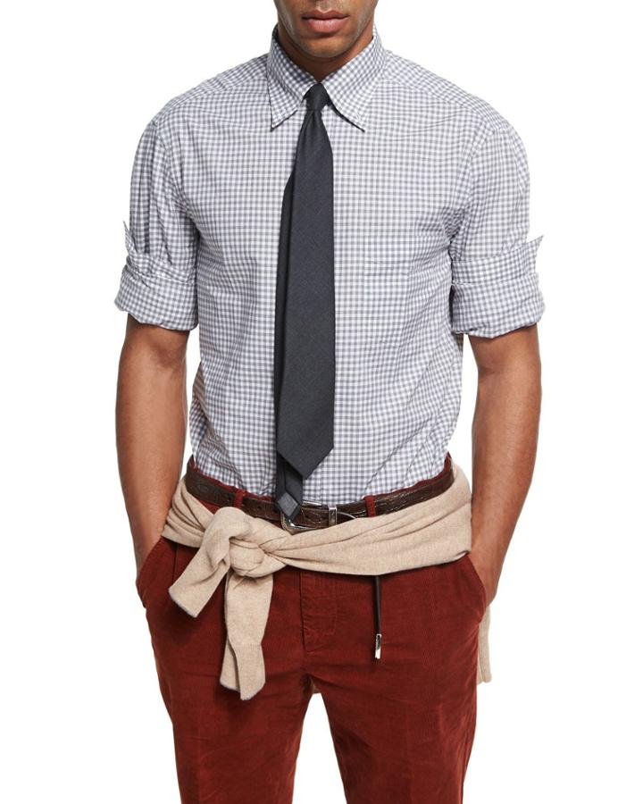 Check Cotton Oxford Shirt, Gray/white