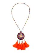 Long Seed Bead Necklace W/ Embroidered Circle Pendant,
