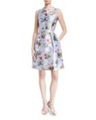 Jewel-neck Sleeveless Botanical-print Fit-and-flare Structured Dress