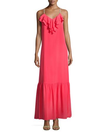 Ruffled-trim Sleeveless Silk Maxi Dress, Red