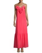 Ruffled-trim Sleeveless Silk Maxi Dress, Red