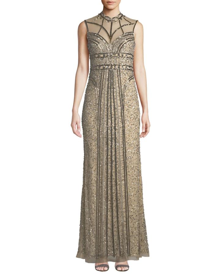 Izzy Beaded Mesh Mock-neck Sleeveless Gown