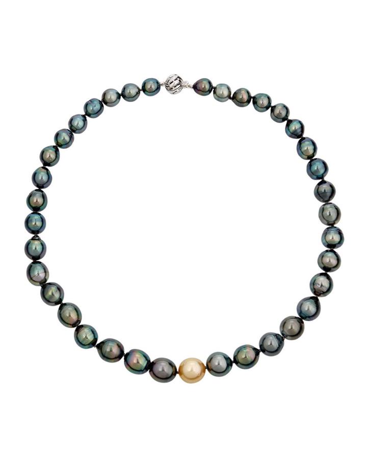 14k White Gold Tahitian Pearl Necklace W/ Golden Center