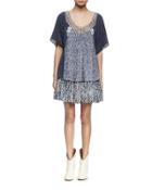 Half-sleeve Mixed-print A-line Dress, Navy/white