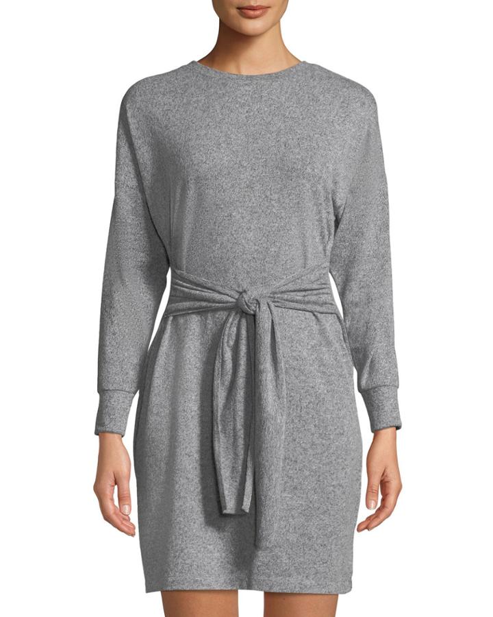 Crewneck Long-sleeve Knit Mini Dress W/ Tie-front Detail