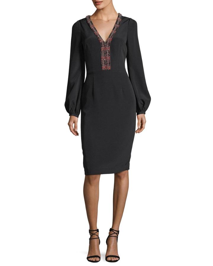 Long-sleeve Braid-trimmed V-neck Crepe Cocktail Dress
