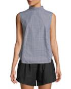 Mock-neck Knotted Sleeveless Gingham Poplin Top
