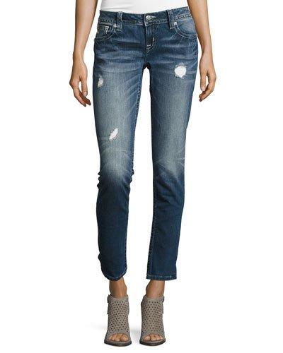 Skinny Embroidered Denim Jeans, Blue