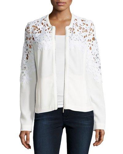 Crochet Lace-inset Bomber Jacket, White