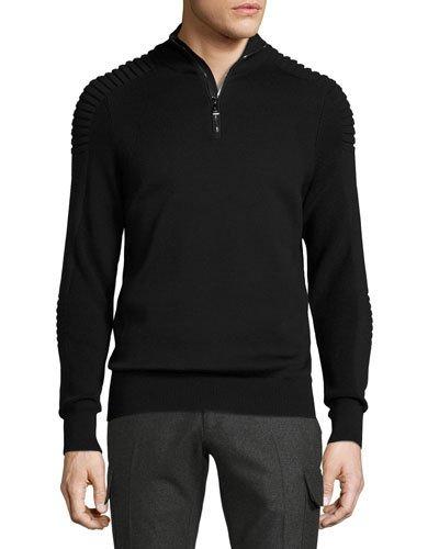 Ribbed Merino Wool Half-zip Pullover, Black