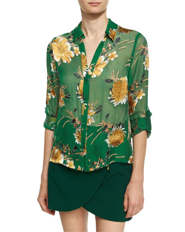 Eloise Roll-cuff Button Front Top, Green Yellow